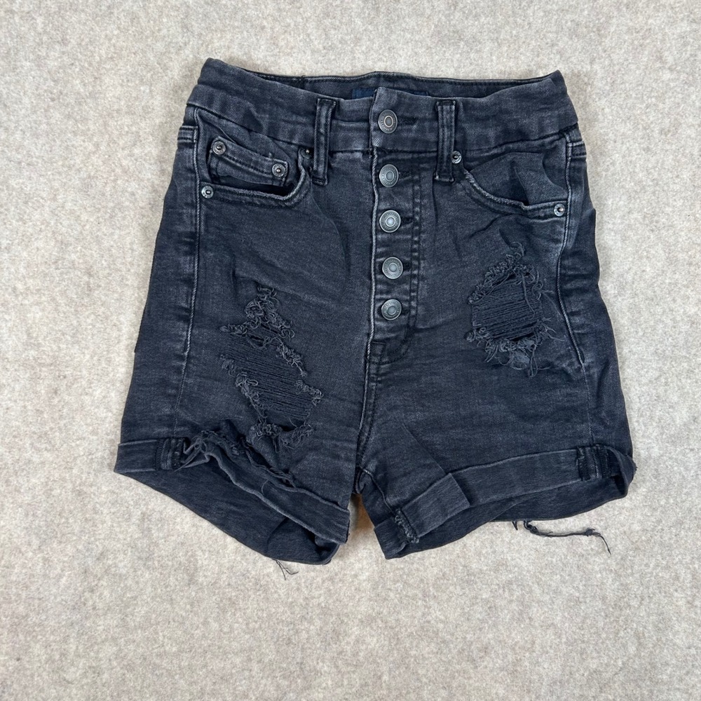 Aeropostale Denim Shorts Womens 2 Black Super High Rise Curvy Midi Distressed
